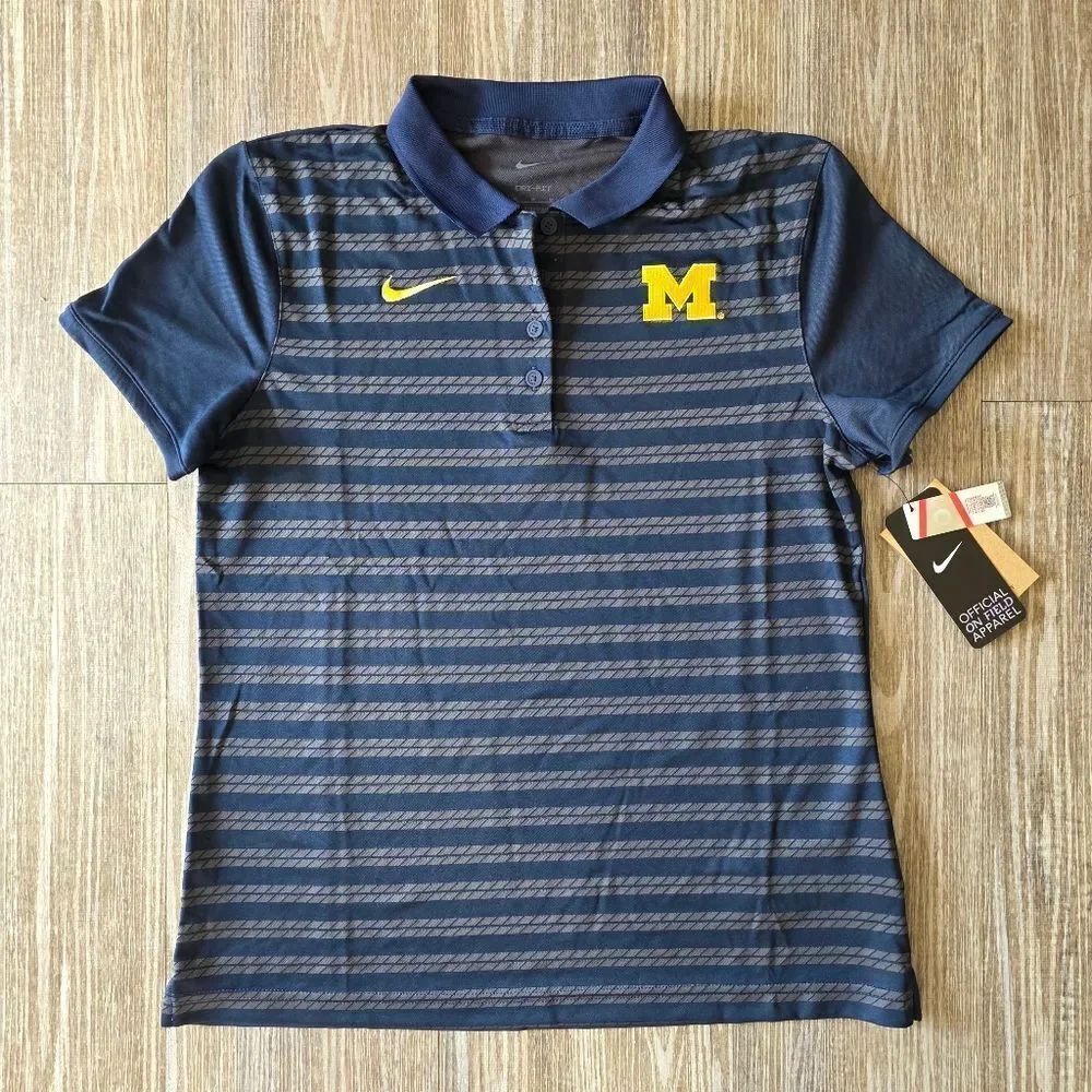 Nike Michigan Wolverines Women's Polo Shirt Dri-Fit Navy Blue Gold Size Medium M
